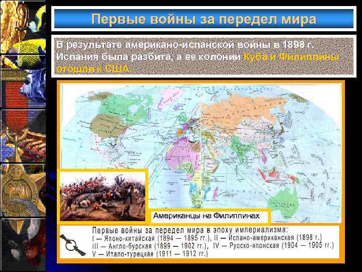 Первые войны за передел мира В результате американо-испанской войны в 1898 г. Испания была
