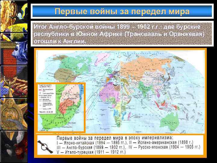 Первые войны за передел мира Итог Англо-бурской войны 1899 – 1902 г. г. :