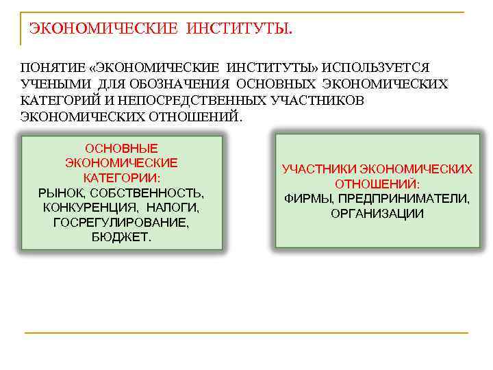 ЭКОНОМИЧЕСКИЕ ИНСТИТУТЫ. ПОНЯТИЕ «ЭКОНОМИЧЕСКИЕ ИНСТИТУТЫ» ИСПОЛЬЗУЕТСЯ УЧЕНЫМИ ДЛЯ ОБОЗНАЧЕНИЯ ОСНОВНЫХ ЭКОНОМИЧЕСКИХ КАТЕГОРИЙ И НЕПОСРЕДСТВЕННЫХ