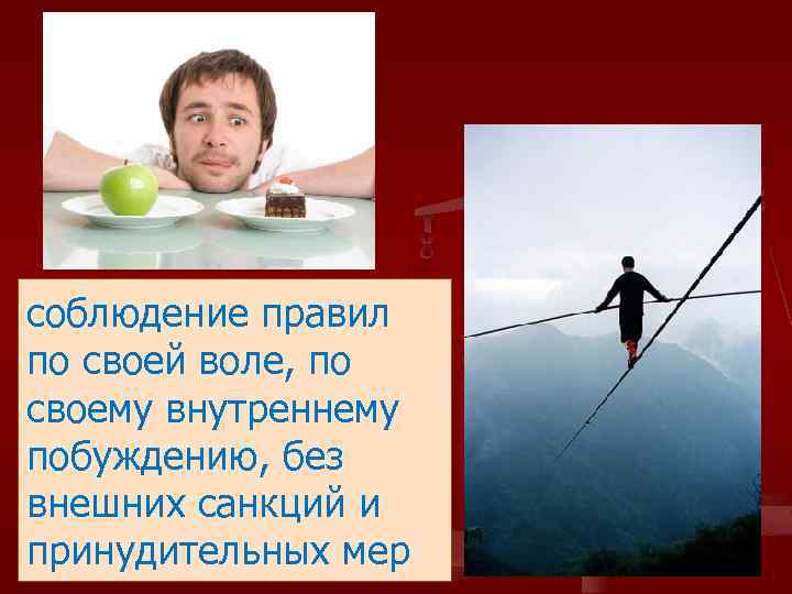 соблюдение правил по своей воле, по своему внутреннему побуждению, без внешних санкций и принудительных