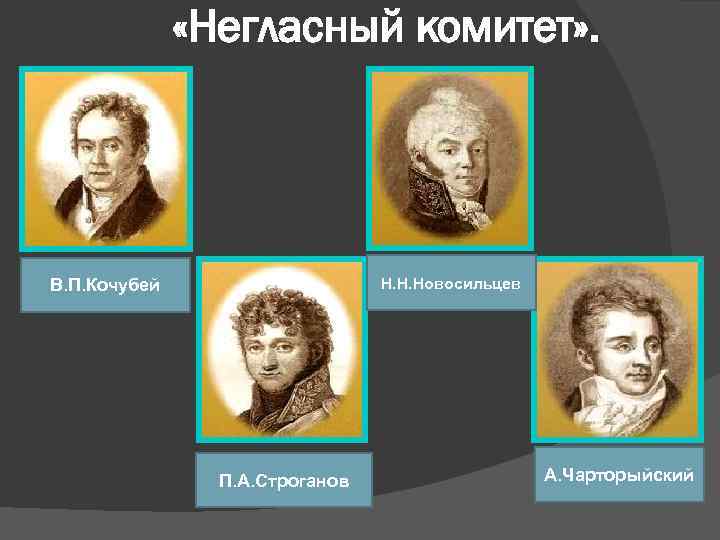  «Негласный комитет» . Н. Н. Новосильцев В. П. Кочубей П. А. Строганов А.