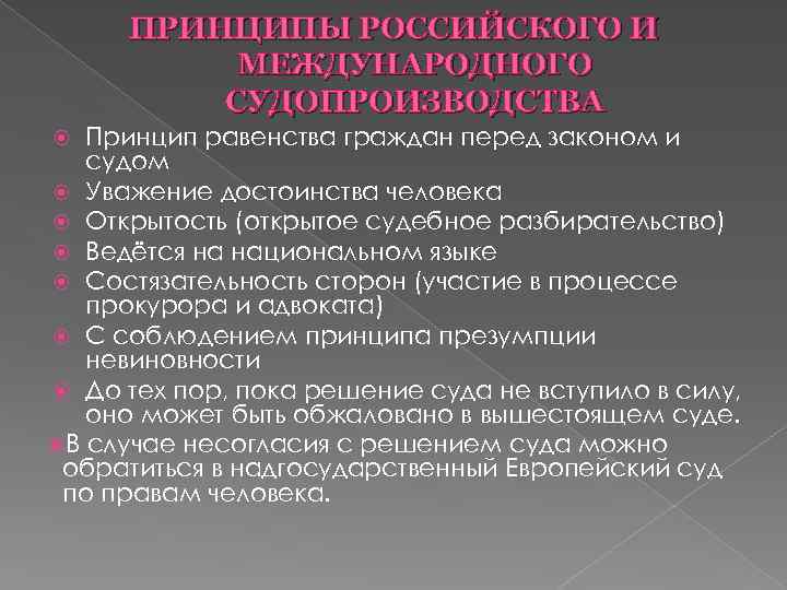 ПРИНЦИПЫ РОССИЙСКОГО И МЕЖДУНАРОДНОГО СУДОПРОИЗВОДСТВА Принцип равенства граждан перед законом и судом Уважение достоинства