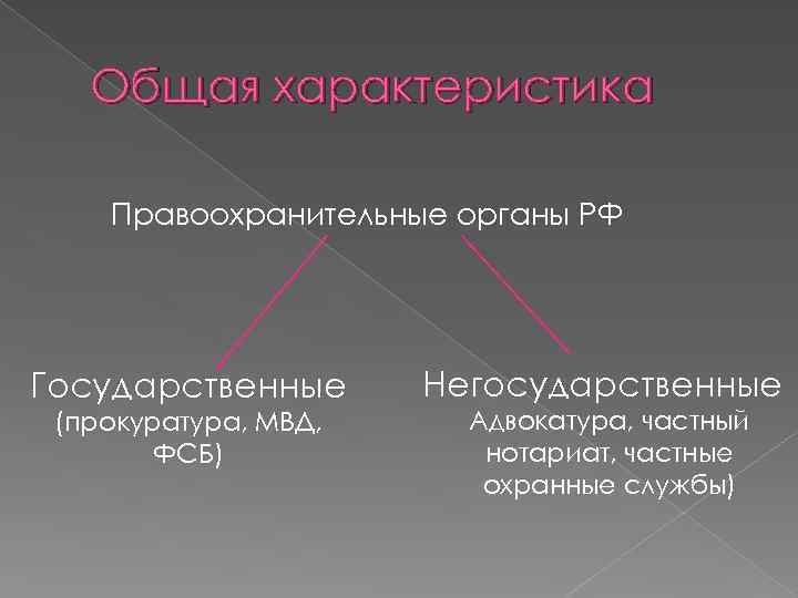 Общая характеристика Правоохранительные органы РФ Государственные (прокуратура, МВД, ФСБ) Негосударственные Адвокатура, частный нотариат, частные