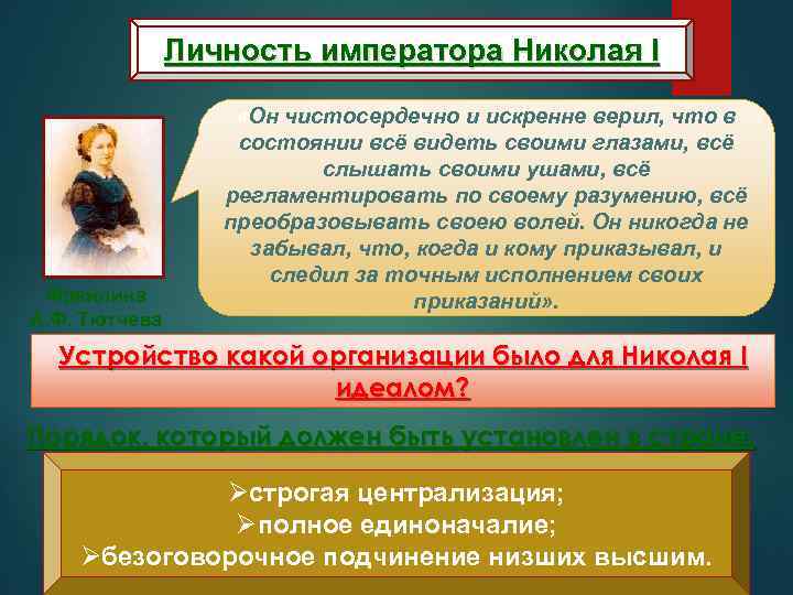 Личность императора Николая I Фрейлина А. Ф. Тютчева «Он чистосердечно и искренне верил, что