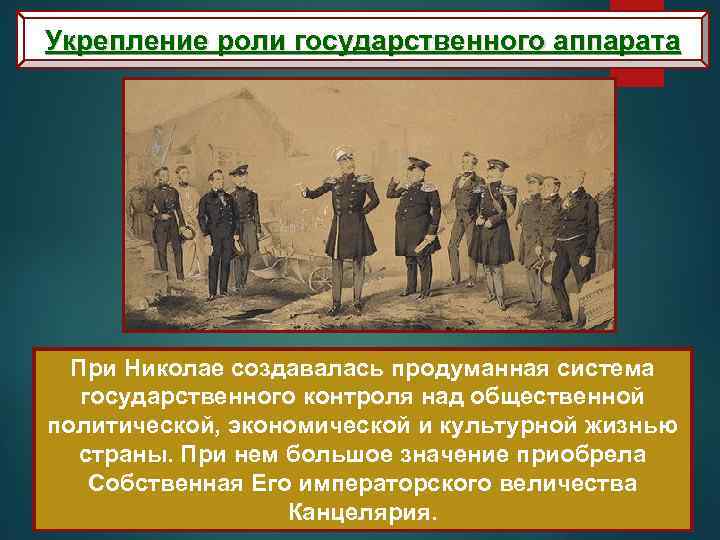 Укрепление роли государственного аппарата При Николае создавалась продуманная система государственного контроля над общественной политической,