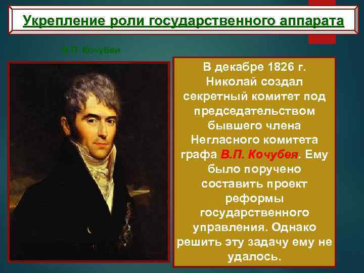 Укрепление роли государственного аппарата В. П. Кочубей В декабре 1826 г. Николай создал секретный