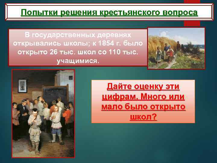 Попытки решения крестьянского вопроса В государственных деревнях открывались школы; к 1854 г. было открыто