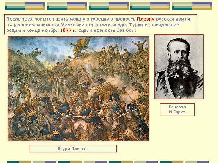 После трех попыток взять мощную турецкую крепость Плевну русская армия по решению министра Милютина