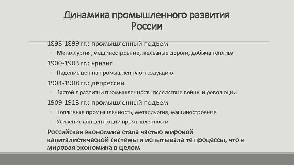Динамика промышленного развития России 1893 -1899 гг. : промышленный подъем ◦ Металлургия, машиностроение, железные