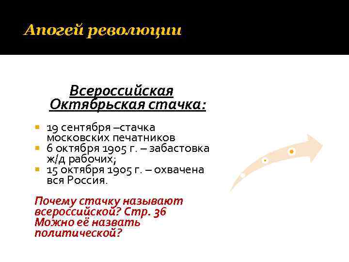 Апогей революции Всероссийская Октябрьская стачка: 19 сентября –стачка московских печатников 6 октября 1905 г.