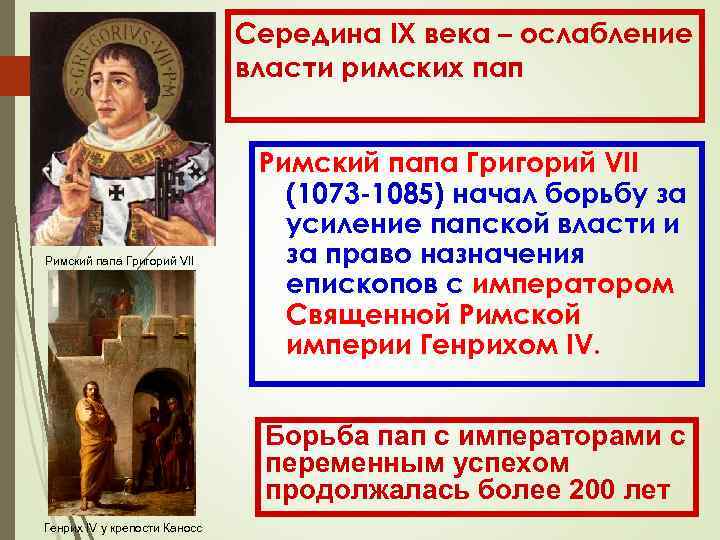 Середина IX века – ослабление власти римских пап Римский папа Григорий VII (1073 -1085)