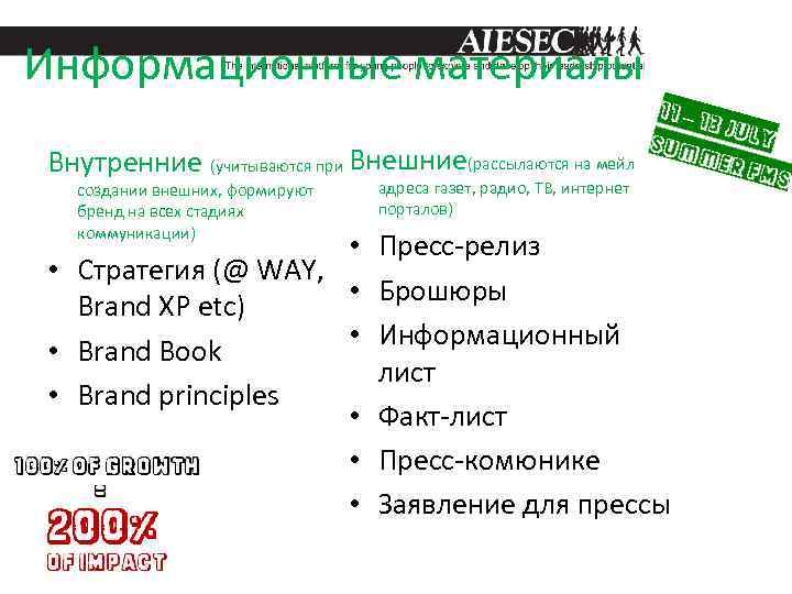 Информационные материалы Внутренние (учитываются при Внешние(рассылаются на мейл создании внешних, формируют бренд на всех