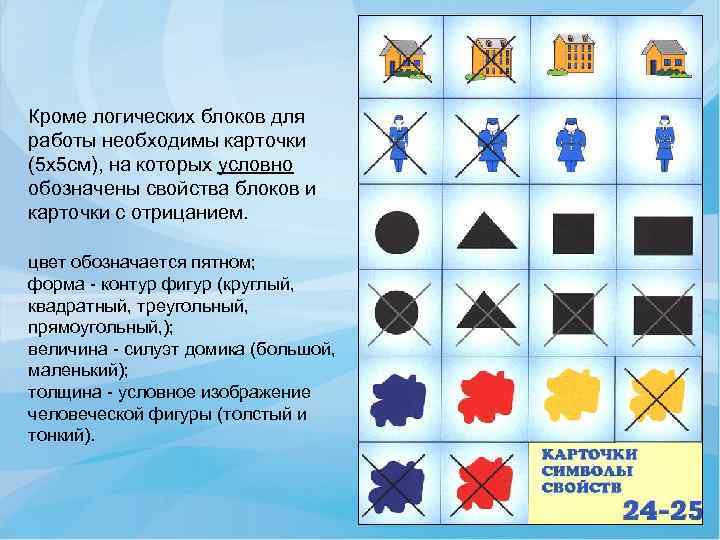 Кроме логических блоков для работы необходимы карточки (5 х5 см), на которых условно обозначены