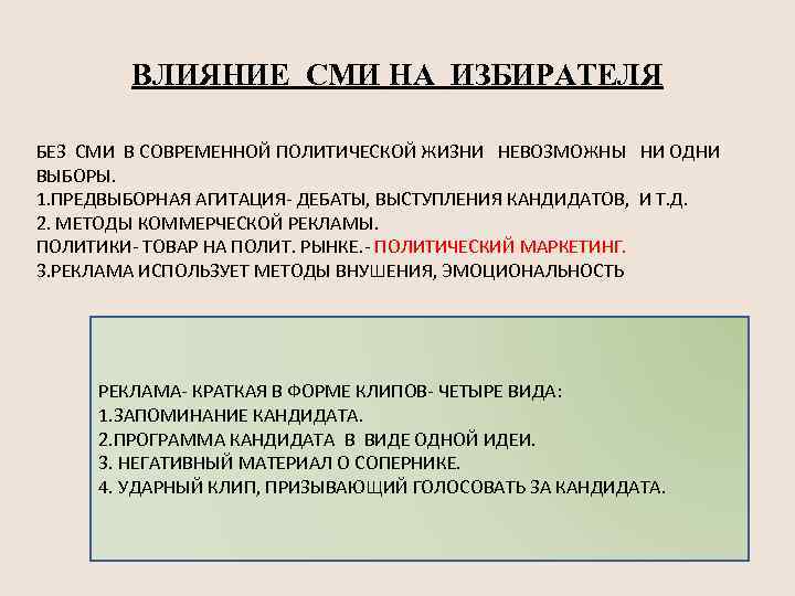 ВЛИЯНИЕ СМИ НА ИЗБИРАТЕЛЯ БЕЗ СМИ В СОВРЕМЕННОЙ ПОЛИТИЧЕСКОЙ ЖИЗНИ НЕВОЗМОЖНЫ НИ ОДНИ ВЫБОРЫ.