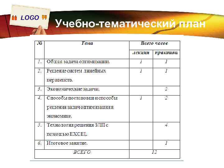 LOGO Учебно-тематический план 
