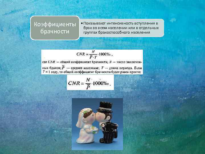 Коэффициенты брачности • Показывают интенсивность вступления в брак во всем населении или в отдельных
