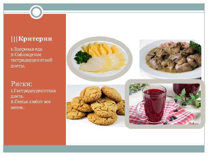 |||Критерии 1. Здоровая еда 2. Соблюдение гастродоуденитной диеты. Риски: 1. Гастродоуденитная диета. 2. Семья