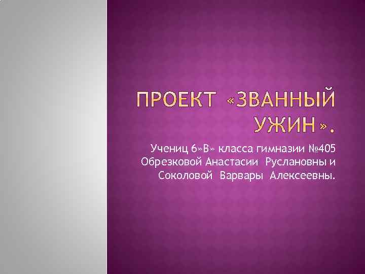Учениц 6» В» класса гимназии № 405 Обрезковой Анастасии Руслановны и Соколовой Варвары Алексеевны.