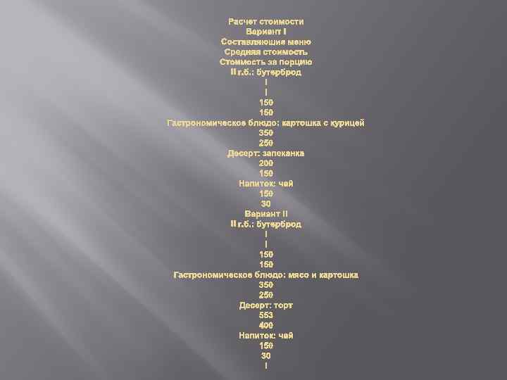 Расчет стоимости Вариант I Составляющие меню Средняя стоимость Стоимость за порцию II г. б.