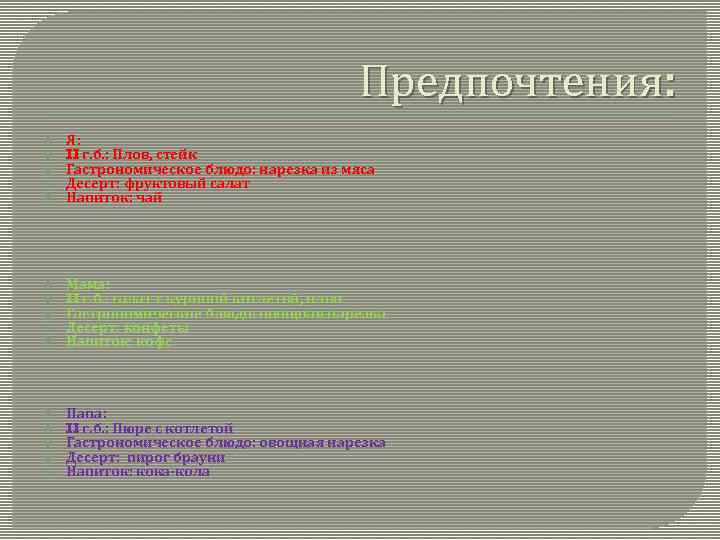 Предпочтения: Я: II г. б. : Плов, стейк Гастрономическое блюдо: нарезка из мяса Десерт: