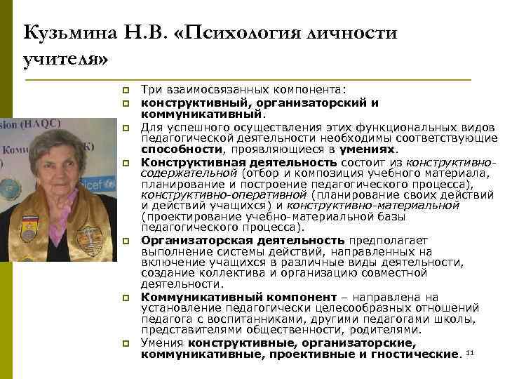 Кузьмина Н. В. «Психология личности учителя» p p p p Три взаимосвязанных компонента: конструктивный,