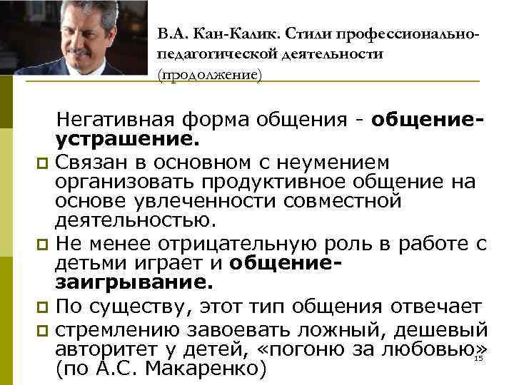 В. А. Кан-Калик. Стили профессиональнопедагогической деятельности (продолжение) Негативная форма общения - общение- устрашение. p