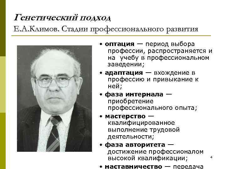 Генетический подход Е. А. Климов. Стадии профессионального развития • оптация — период выбора профессии,