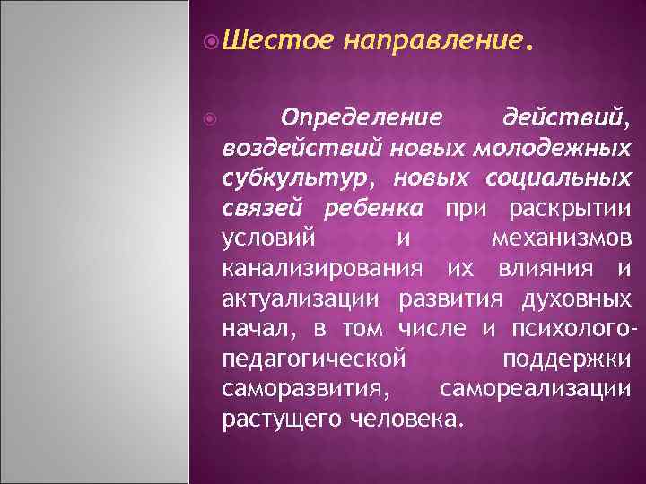  Шестое направление. Определение действий, воздействий новых молодежных субкультур, новых социальных связей ребенка при