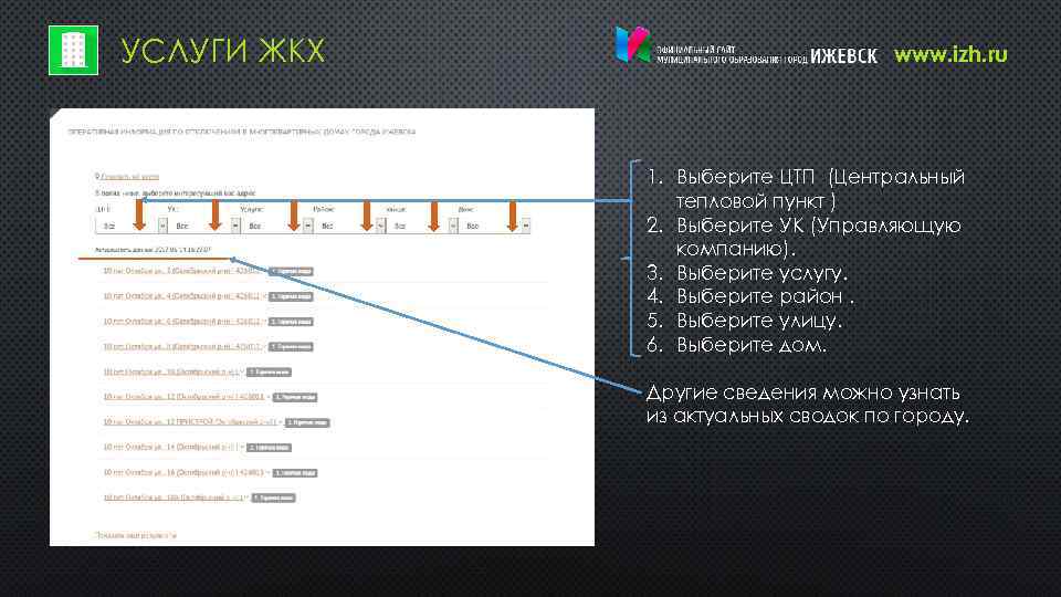 УСЛУГИ ЖКХ www. izh. ru 1. Выберите ЦТП (Центральный тепловой пункт ) 2. Выберите