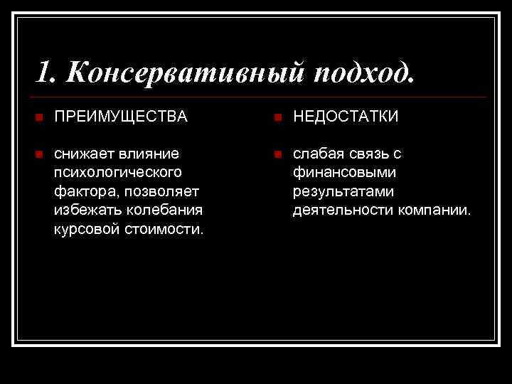 1. Консервативный подход. n ПРЕИМУЩЕСТВА n НЕДОСТАТКИ n снижает влияние психологического фактора, позволяет избежать