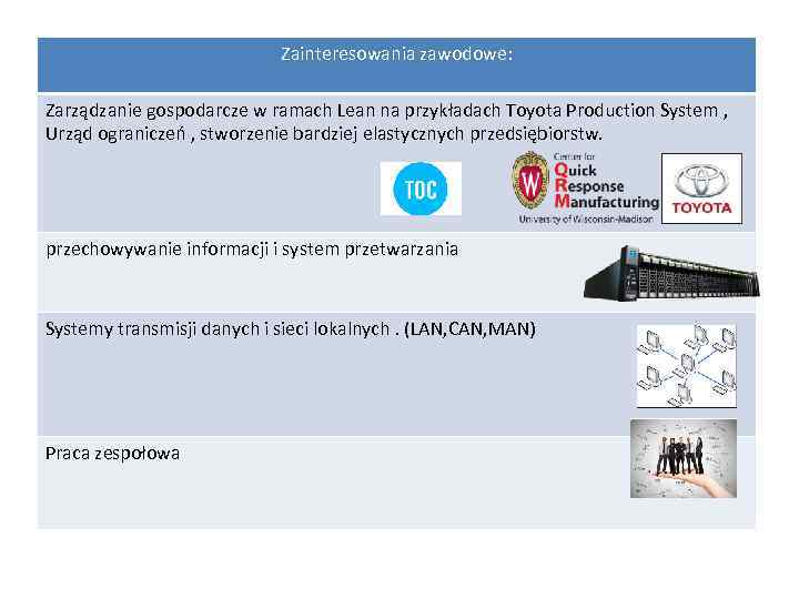 Zainteresowania zawodowe: Zarządzanie gospodarcze w ramach Lean na przykładach Toyota Production System , Urząd