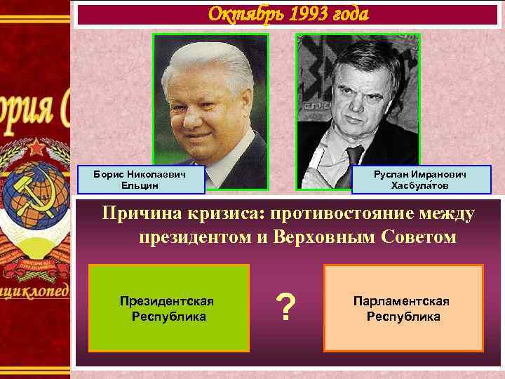 Октябрь 1993 года Борис Николаевич Ельцин Руслан Имранович Хасбула тов Причина кризиса: противостояние между