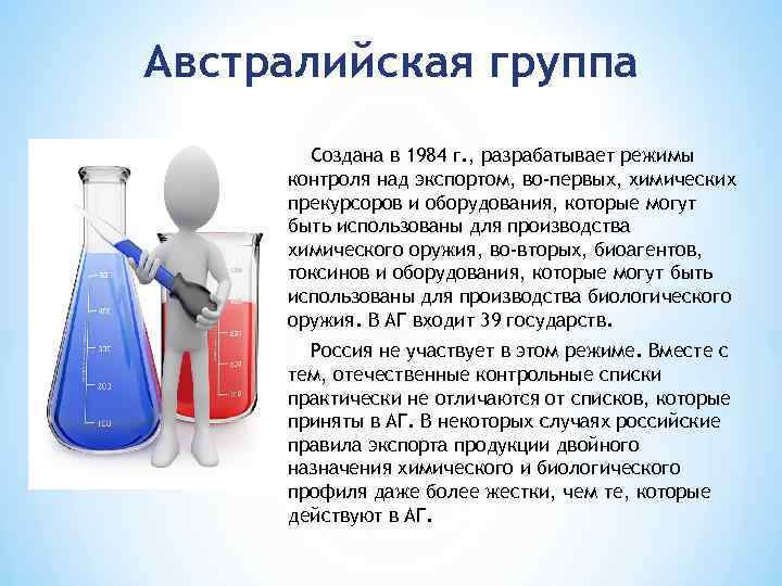 Австралийская группа Создана в 1984 г. , разрабатывает режимы контроля над экспортом, во-первых, химических