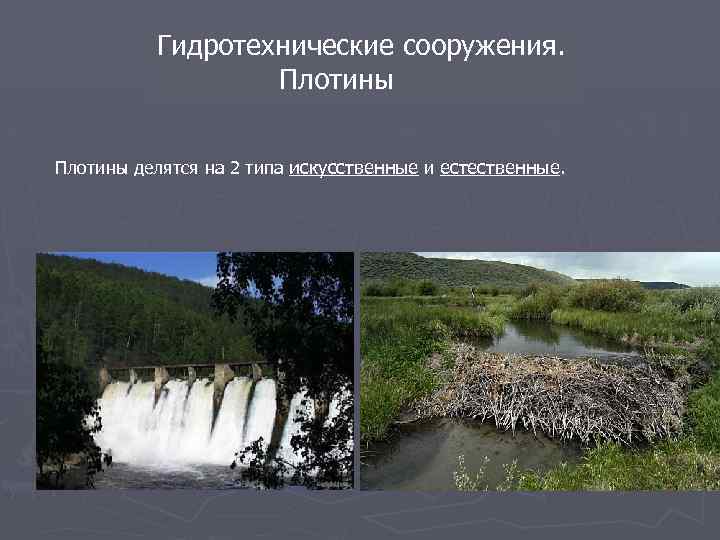 Гидротехнические сооружения. Плотины делятся на 2 типа искусственные и естественные. 