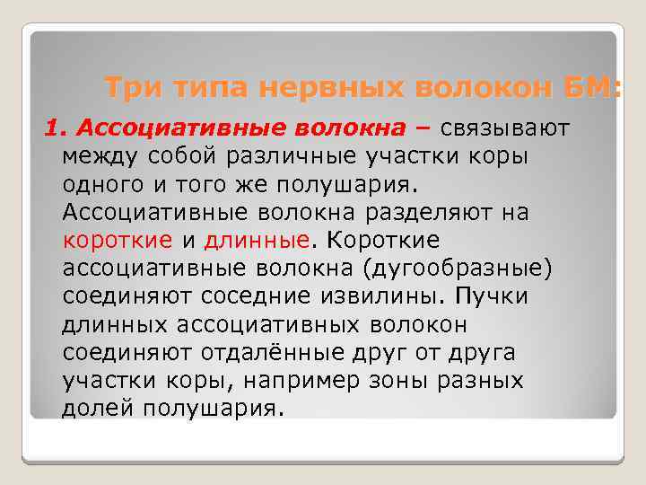 Три типа нервных волокон БМ: 1. Ассоциативные волокна – связывают между собой различные участки