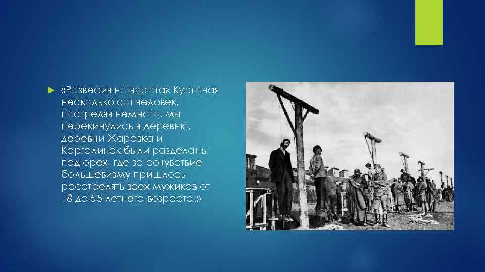  «Развесив на воротах Кустаная несколько сот человек, постреляв немного, мы перекинулись в деревню,