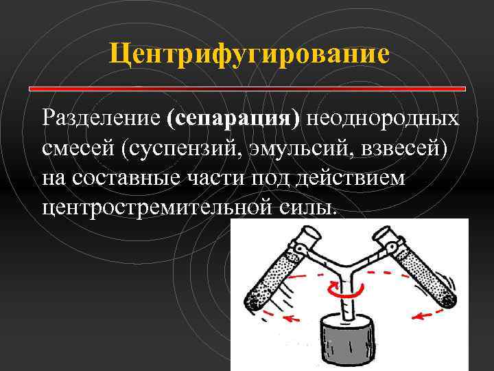 Центрифугирование Разделение (сепарация) неоднородных смесей (суспензий, эмульсий, взвесей) на составные части под действием центростремительной