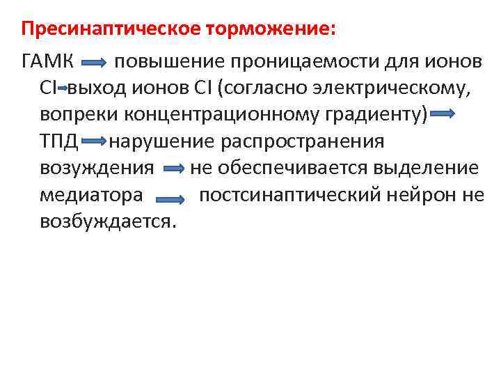 Пресинаптическое торможение: ГАМК повышение проницаемости для ионов CI выход ионов CI (согласно электрическому, вопреки
