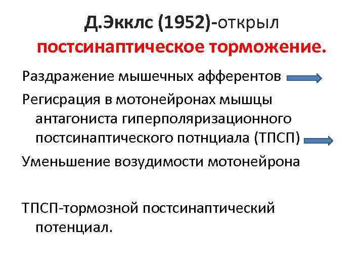 Д. Экклс (1952)-открыл постсинаптическое торможение. Раздражение мышечных афферентов Регисрация в мотонейронах мышцы антагониста гиперполяризационного