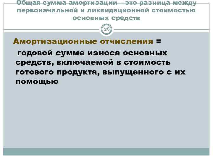 Общая сумма амортизации – это разница между первоначальной и ликвидационной стоимостью основных средств 28