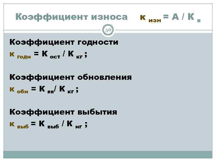 Коэффициент износа 50 Коэффициент годности к годн = К ост / К кг ;