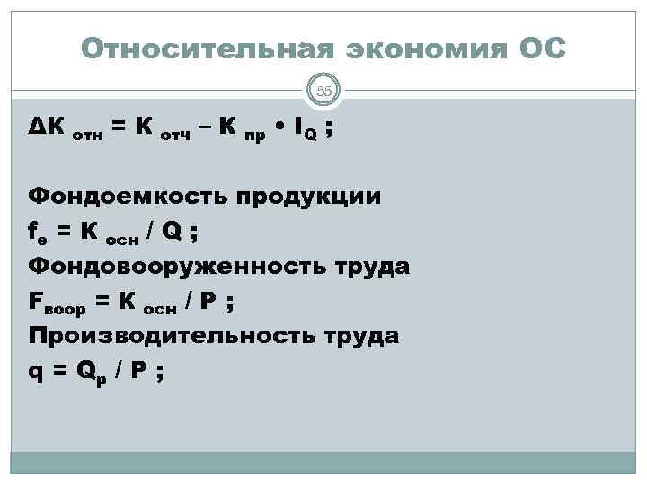 Относительная экономия ОС 55 ΔК отн =К отч –К пр • IQ ; Фондоемкость