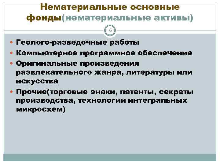 Нематериальные основные фонды(нематериальные активы) 6 Геолого-разведочные работы Компьютерное программное обеспечение Оригинальные произведения развлекательного жанра,