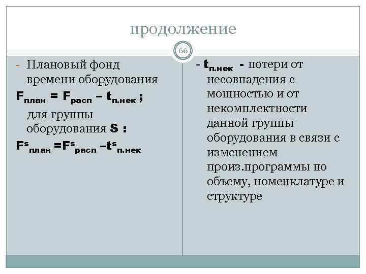 продолжение 66 - Плановый фонд времени оборудования Fплан = Fрасп – tп. нек ;