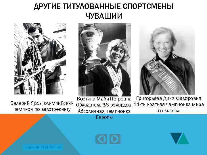 ДРУГИЕ ТИТУЛОВАННЫЕ СПОРТСМЕНЫ ЧУВАШИИ Костина Майя Петровна Григорьева Дина Федоровна Валерий Ярды олимпийский Обладатель