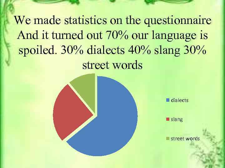 We made statistics on the questionnaire And it turned out 70% our language is
