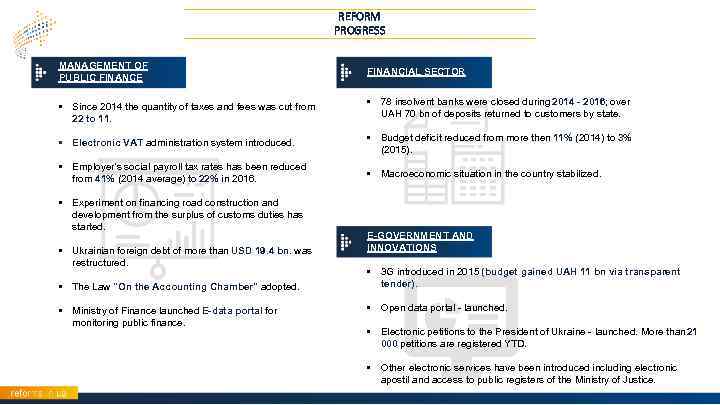 REFORM PROGRESS MANAGEMENT OF PUBLIC FINANCE FINANCIAL SECTOR • Since 2014 the quantity of