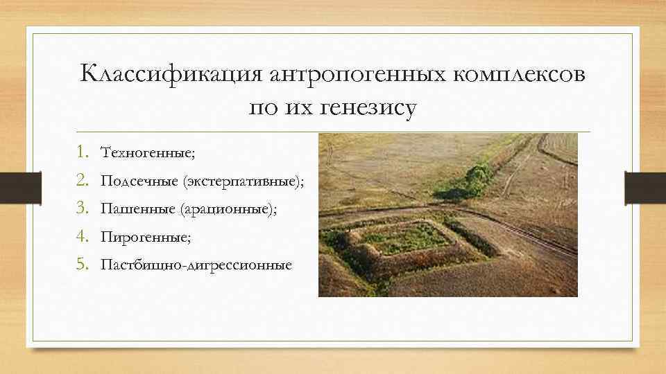Классификация антропогенных комплексов по их генезису 1. 2. 3. 4. 5. Техногенные; Подсечные (экстерпативные);