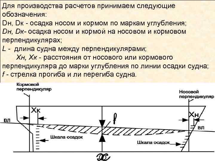 Для производства расчетов принимаем следующие обозначения: Dн, Dк - осадка носом и кормом по