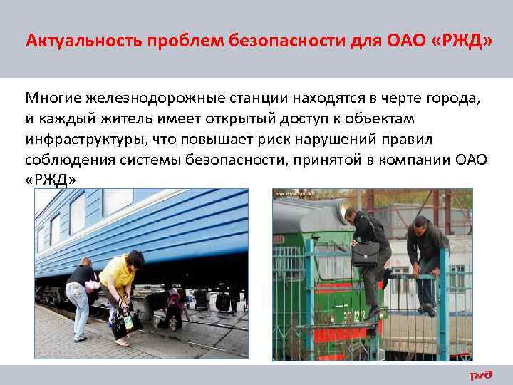 Актуальность проблем безопасности для ОАО «РЖД» Многие железнодорожные станции находятся в черте города, и